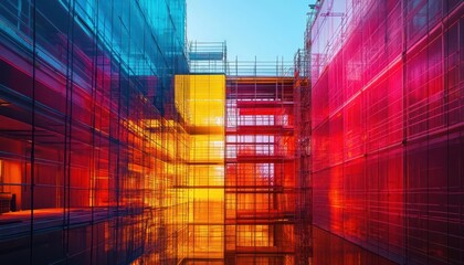 Building construction site with vibrant equipment, soft lighting, dynamic movement, sleek modern architecture