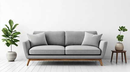 Fototapeta premium A gray sofa with two pillows sits in front of a white wall