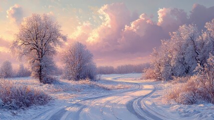 Obraz premium Serene winter landscape with a winding road and frosted trees under a soft pastel sky, evoking tranquility and natural beauty.