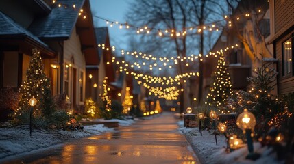 Christmas light display in a cozy neighborhood, vibrant lighting, soft glow, festive atmosphere, photo-realistic