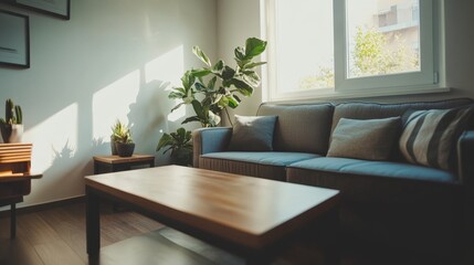 A living room with a couch, a coffee table, and a potted plant