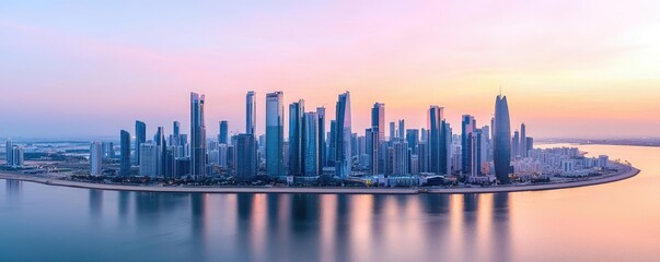 Obraz premium Panoramic view of a modern skyline at sunset reflecting on water.