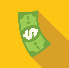 Green dollar bill falling on yellow background representing concepts like money, investment and finance
