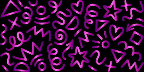 Modern purple gradient abstract background. Glowing simple basic shapes set: star, arrow, triangle, circle, heart, zigzag, spiral, wavy lines. Trendy Memphis geometric pattern, retro 80s, 90s style.
