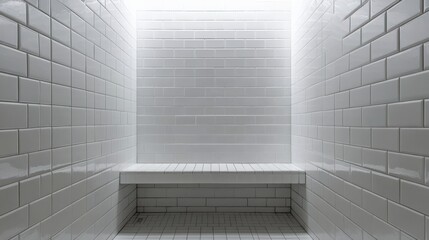 A white bathroom with a white bench and white tiles