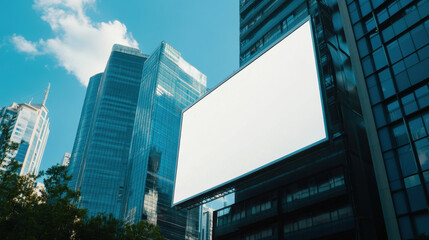 large blank billboard stands prominently on side of modern city building, surrounded by sleek skyscrapers under bright blue sky. scene conveys sense of urban life and potential advertising