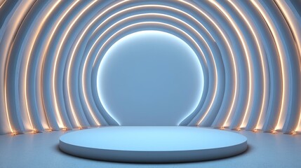 Obraz premium Circular Platform with Luminous Arcs in a White Room