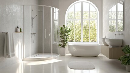Fototapeta premium A bathroom with a shower stall, a bathtub, and a window