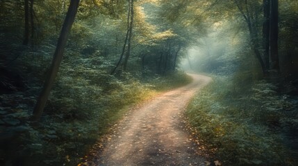 Obraz premium Forest hiking trail with vibrant trees, soft lighting, dynamic movement, serene atmosphere, photo-realism