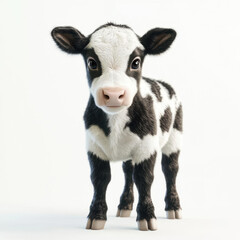 A cute, realistic black-and-white calf standing upright, looking curiously at the viewer.