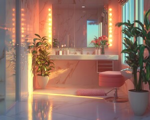 Hairstyling tutorial with vibrant tools, soft lighting, sleek modern bathroom, high detail, realism