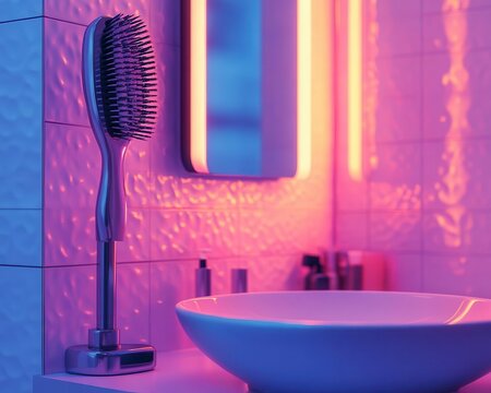 Hairstyling tutorial with vibrant tools, soft lighting, sleek modern bathroom, high detail, realism