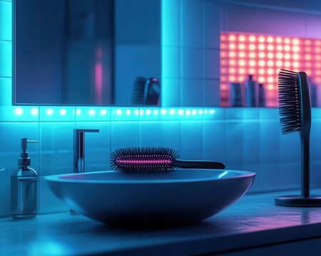 Hairstyling tutorial with vibrant tools, soft lighting, sleek modern bathroom, high detail, realism