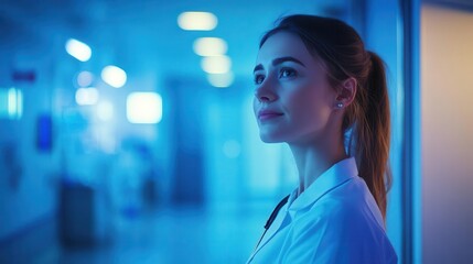 Healthcare professionals working in a vibrant hospital, dynamic energy, soft lighting, modern medical setting