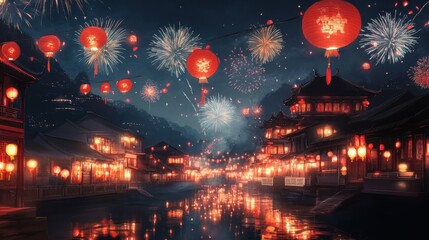 Obraz premium Red lanterns and colorful fireworks light up a Chinese village by the water, creating a vibrant night scene in celebration of the Lunar New Year.