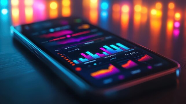 Home fitness app with vibrant data and workout plans, sleek design, soft lighting, dynamic energy