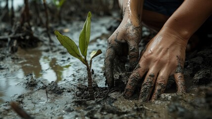 Obraz premium A person is planting a small tree in a muddy field