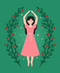 Christmas cartoon character princess ballerina. Flat vector illustration.