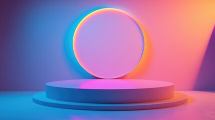 Two-Tiered Cylinder Platform with a Large Oval Shaped Neon Light Behind it