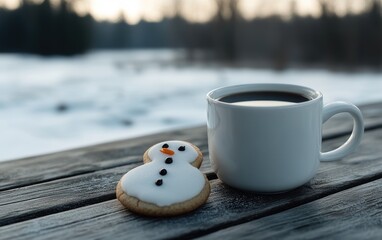 Winter delight: aesthetics of steaming cup of hot drink against stunning winter backdrop, showcasing serene and comforting atmosphere of enjoying warming beverage on picturesque day.