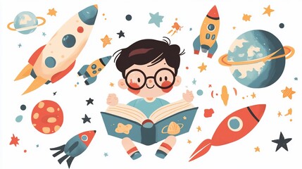 A boy reading about space with rockets and planets around him.