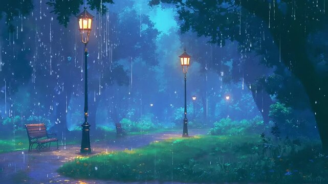 Serene Rainy Park Seamless Loop Anime Video Background