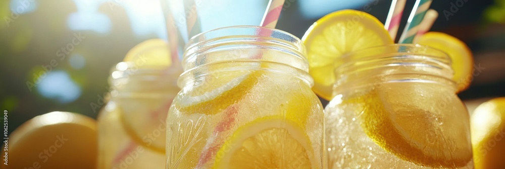 Poster close up of a refreshing summer drink with lemon slices in mason jars with straws.