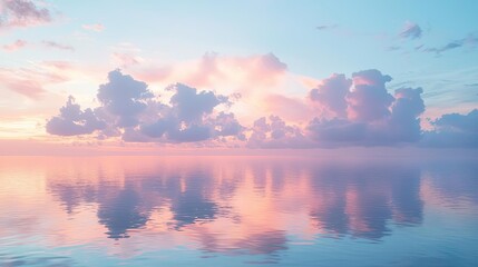 Fototapeta premium Serene ocean view with pastel clouds reflecting on calm water at sunset.