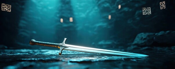 Fototapeta premium A mystical sword illuminated in an underwater cave, glowing with ethereal light.