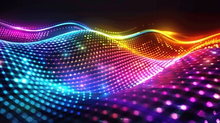 Obraz premium A display of lively neon glowing pixels that form a wave pattern against a grid background. Highlighted with colorful light effects.