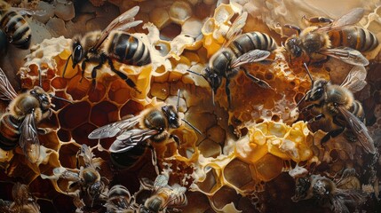 Bees are flying and swarming the honeycomb.
