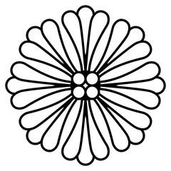 Round floral decor. Stylized flower. Folk style. Abstract geometrical mandala. Black and white linear silhouette.