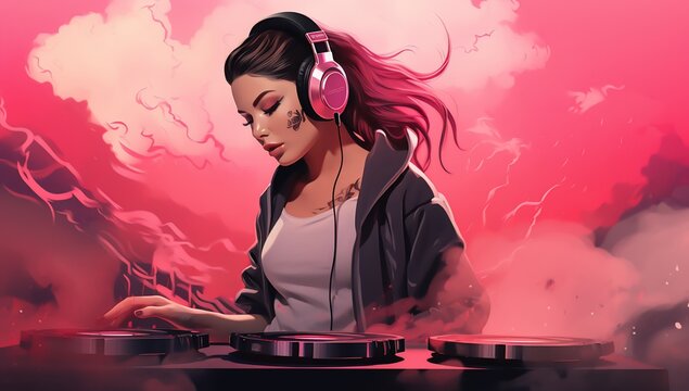 A female DJ mixes music with vibrant colors and dynamic energy.