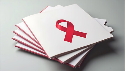 A neatly stacked pile of AIDS awareness brochures with a red ribbon symbol printed on the top cover, emphasizing education and awareness.