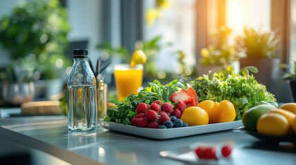 Nutritional advice session with vibrant healthy foods, sleek office setup, soft lighting, dynamic energy, professional healthcare