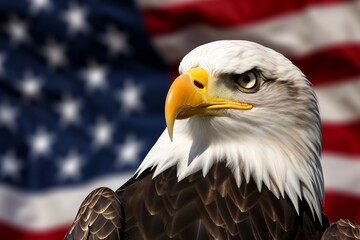A majestic eagle in front of an American flag backdrop.