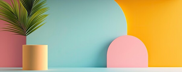 Colorful abstract background with plant and geometric shapes, ideal for modern design.