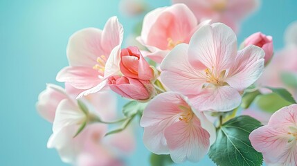 Fototapeta premium Delicate pink flowers with soft petals against a serene blue background.