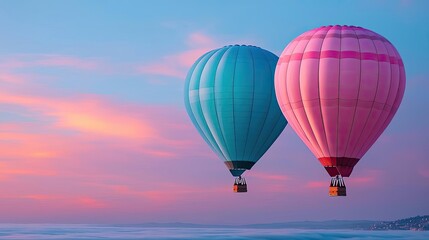Fototapeta premium Colorful hot air balloons floating in a pastel sky at sunset.