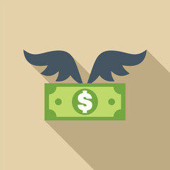 Dollar bill with wings flying away, representing money loss, financial instability, and economic challenges