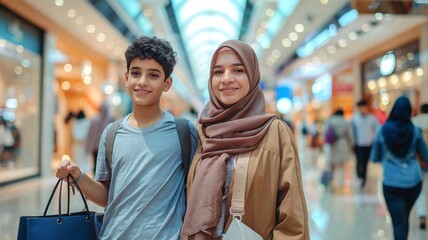 Smiling mother and son shopping together in a brightly lit mall, with the mother wearing a hijab and both enjoying a casual day out