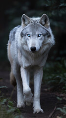 Obraz premium Majestic wild wolf walking through dark woods. Wildlife animal photography in a forest setting. 