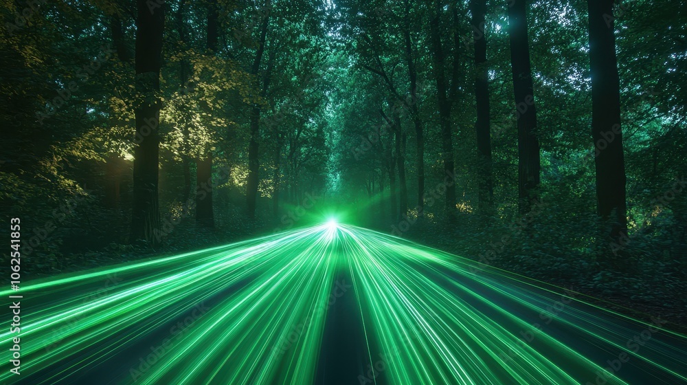 Poster dynamic green light trails create a futuristic path through a vibrant forest setting.