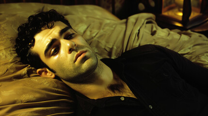 Man lying in bed with wide-open eyes, showing deep concern and fatigue, unable to sleep in dimly lit room with soft glow from nightstand lamp