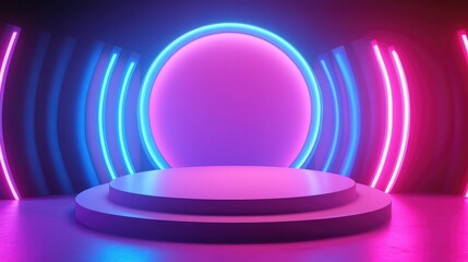 Obraz premium A circular stage with neon blue and pink lighting