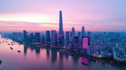 Obraz premium Skyline view of a modern city at dusk with vibrant colors and reflections on water.