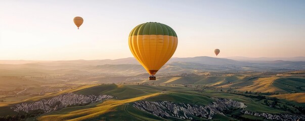 Colorful hot air balloons soaring over serene hills at sunrise.