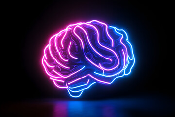 An electrifying digital artwork showcasing a neon human brain outline with vibrant blue and purple light trails isolated on a dark background.