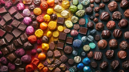 A colorful array of gourmet chocolates arranged in an artistic way