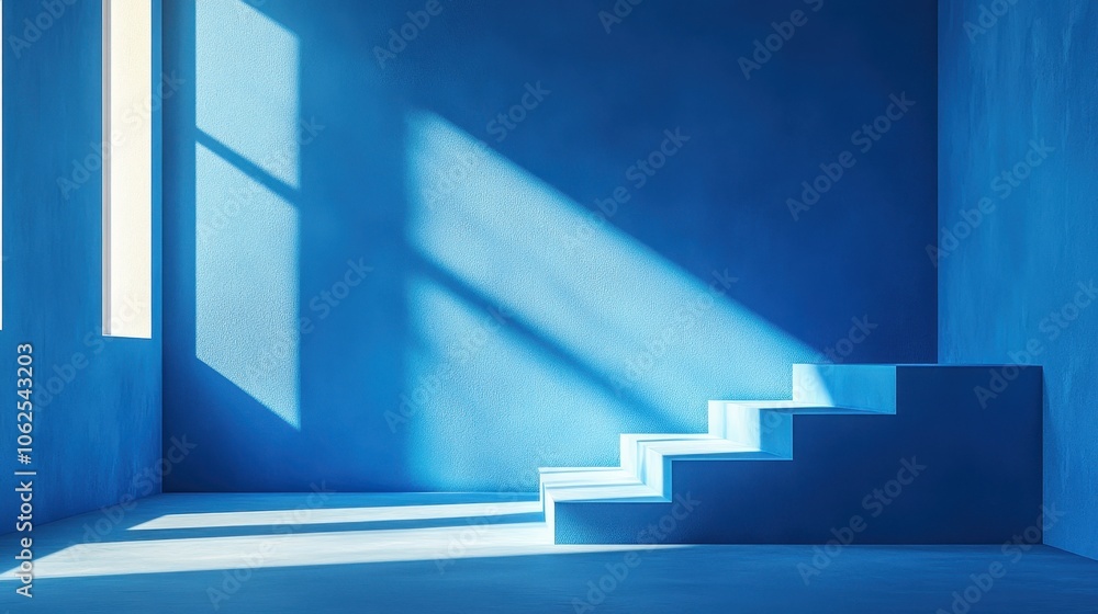Poster 3d abstract blue background of an empty corner of the room with falling light from the window on the